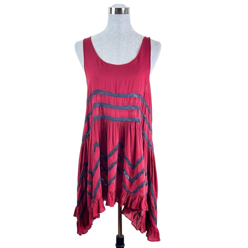 Free People Top Voile and Lace‎ Red Black Polka Dot Trapeze Slip Size Small